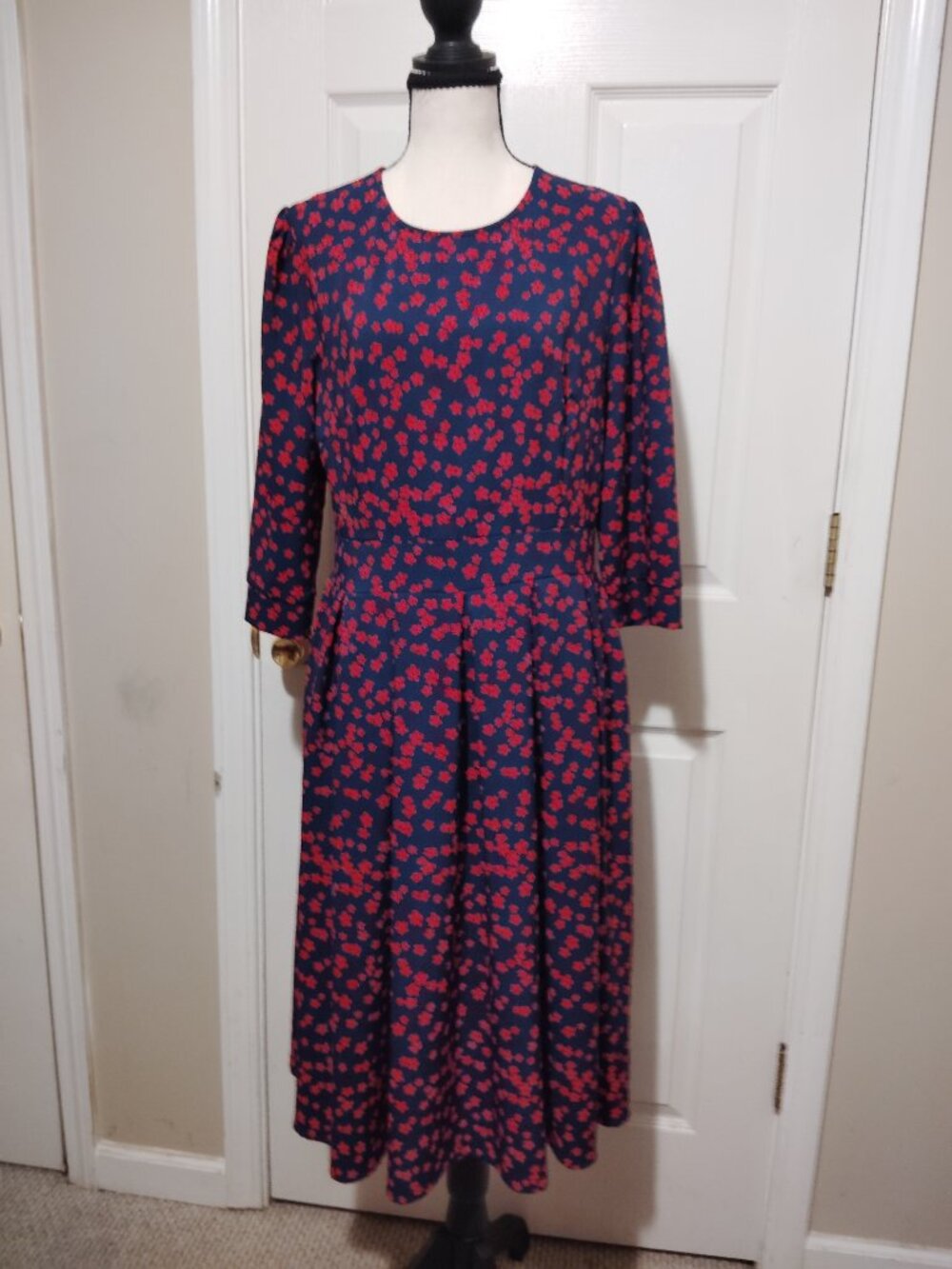 Women's Elegant Navy Blue & Hot pink Floral fit & Flare Midi Dress  3/4 Sleeve